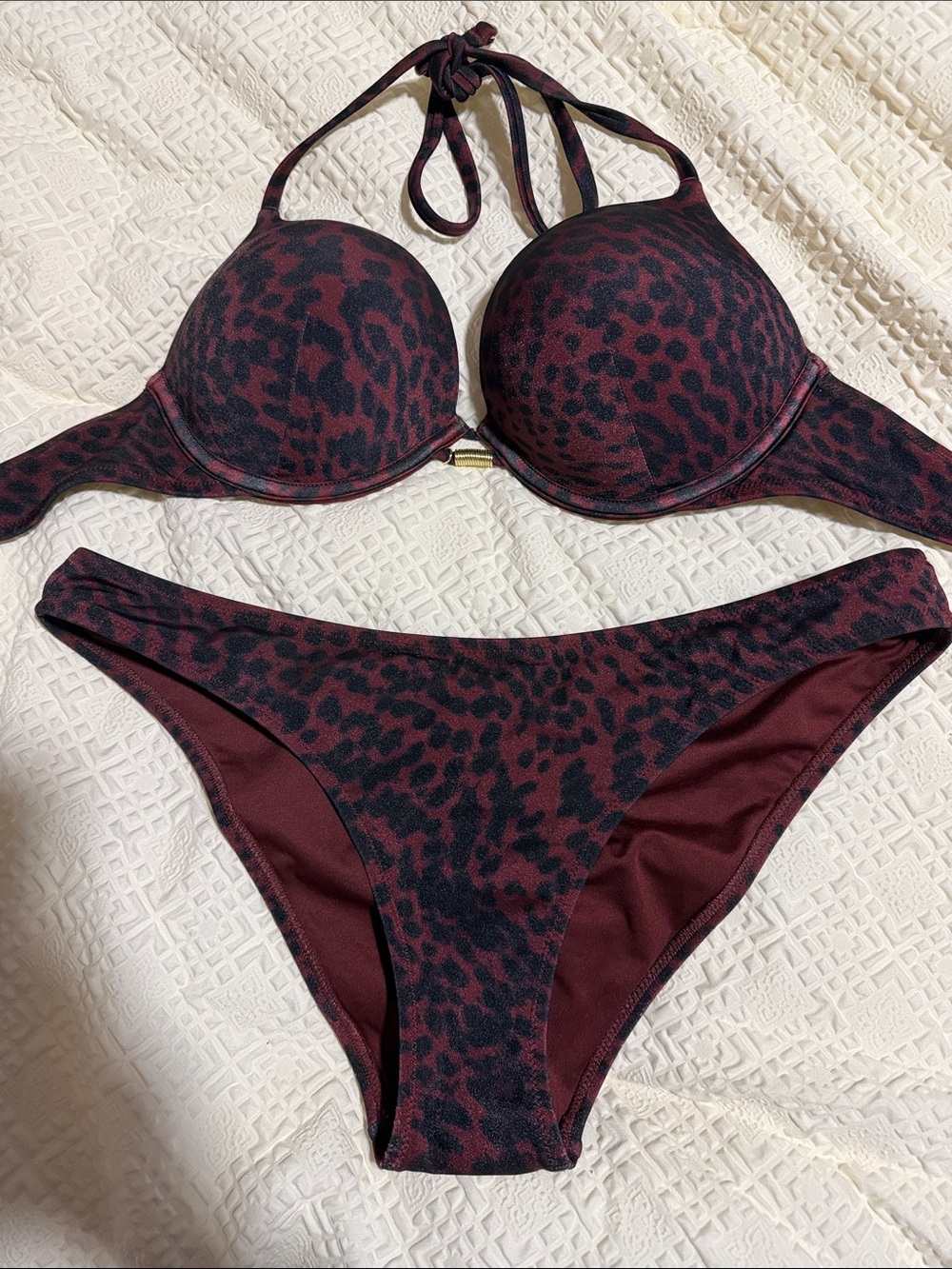 Victoria's Secret Burgundy and Black Leopard Halter Push-Up Bikini Set